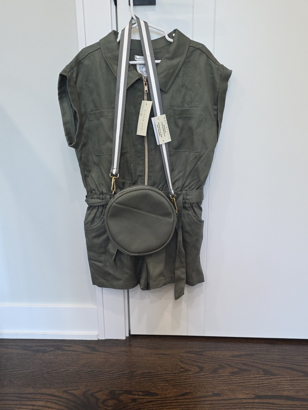 Max Studio Olive Green Round Crossbody with Striped Strap